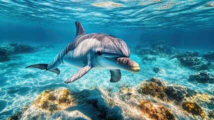 Obraz premium Dolphin swimming gracefully in clear blue waters, showcasing vibrant marine life and natural rock formations during bright daylight