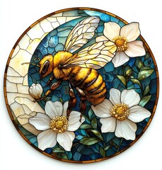 Stained glass artwork featuring a bee among white flowers under a moonlit sky in an intricate circular design