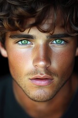 Obraz premium Captivating young man with striking green eyes and tousled hair poses against a dark background