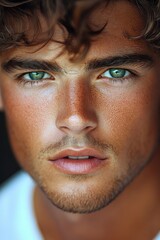 Young man with striking green eyes looking directly at the camera in natural light, set against a dark background, showcasing confident expression and detailed skin texture