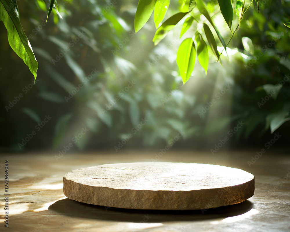 Poster serene stone platform surrounded by lush greenery and soft light, creating tranquil atmosphere