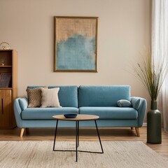 Canvas in beige living room with sideboard and accent blue sofa