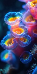 Colorful coral formations glowing in vibrant underwater environment showcasing marine biodiversity during daytime