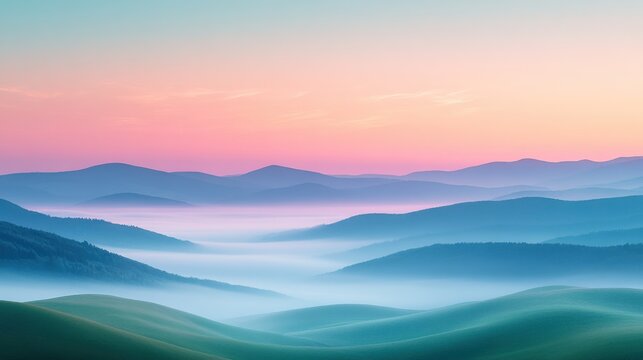 Vibrant dawn over rolling hills with mist in the valleys and a colorful sky in the early morning light