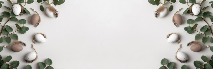 Easter banner in natural colours with decorative eggs and branches of eucalyptus. Copy space for your text.