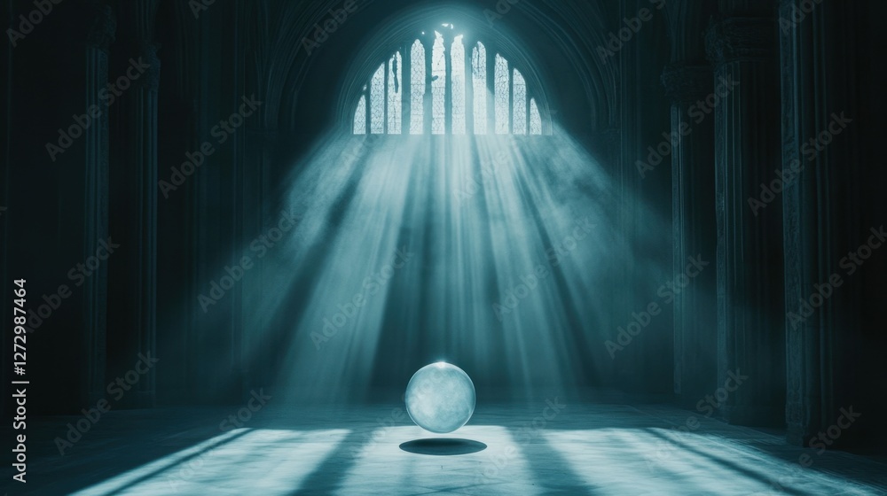 Poster a luminous orb at the center of a shadowy room, casting magical light patterns and creating an atmos