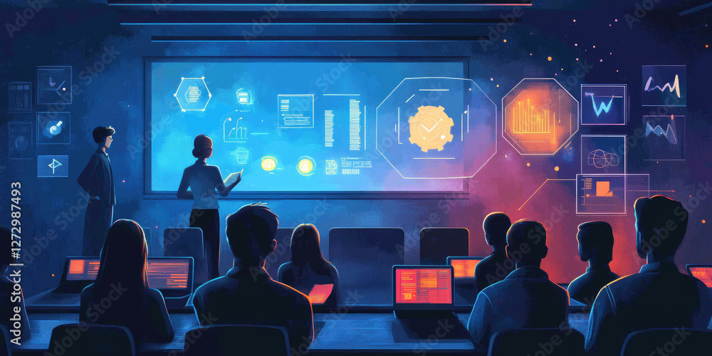 Poster a teacher explains a concept to a virtual classroom while ai systems adapt the lesson to individual 