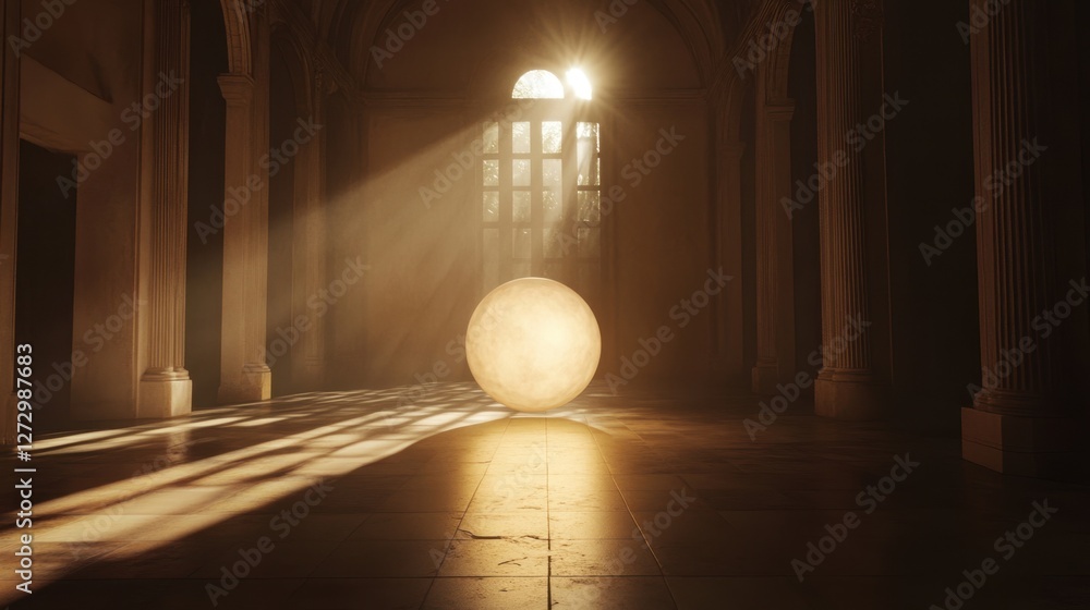 Poster a luminous orb at the center of a shadowy room, casting magical light patterns and creating an atmos
