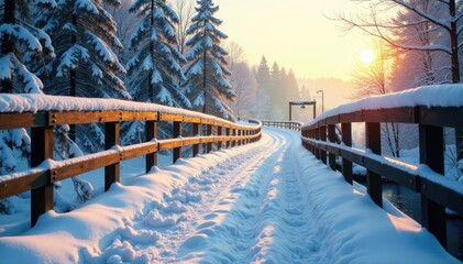 Snow-clad bridge with morning sun casting shadows, winter, light