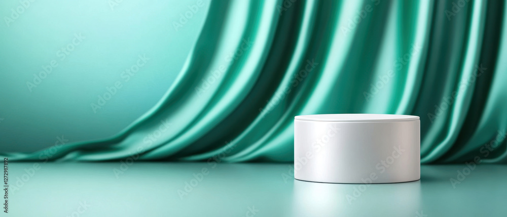 Poster sleek white container on smooth surface with elegant teal fabric draping in background creates moder