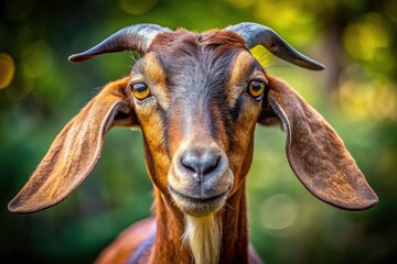 A brown Nubian goat, captured in stunning detail; its long ears framing a captivating portrait.
