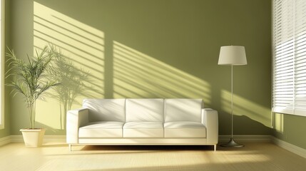 Bright And Airy Living Room With White Sofa And Green Walls Illuminated By Soft Sunlight