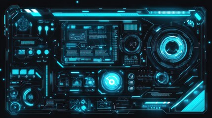 Futuristic control panel interface displaying data and holographic elements in a dark environment