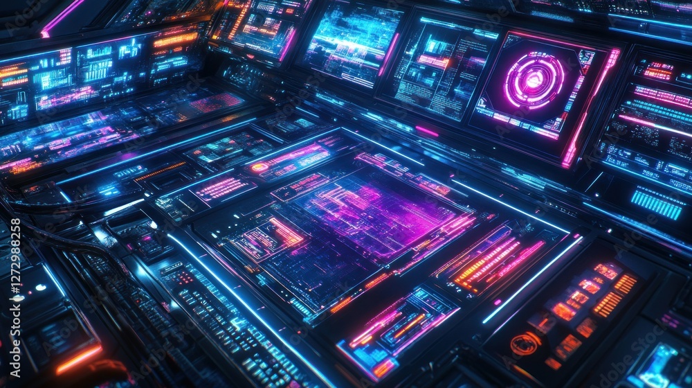 Poster futuristic control panel with vibrant neon displays and complex interfaces in a sci-fi setting