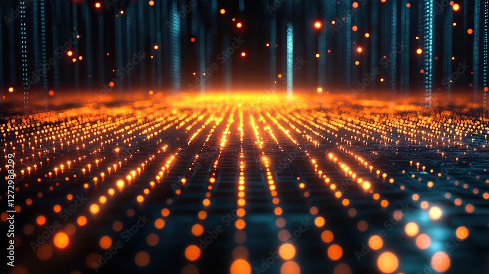 Poster matrix of glowing dots and lines futuristic technology concept digital grid abstract background with