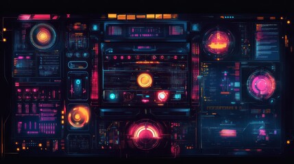 Obraz premium Futuristic control panel with vibrant neon lights and intricate technology, set against a dark backdrop