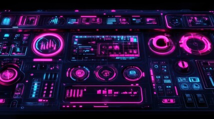 Obraz premium Futuristic control panel with glowing interface elements, displaying data analytics and graphs