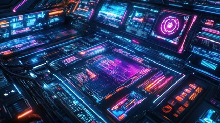 Fototapeta premium Futuristic control panel with vibrant neon displays and complex interfaces in a sci-fi setting
