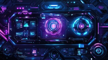 Futuristic digital control panel with vibrant neon lights and data displays in a sci-fi setting
