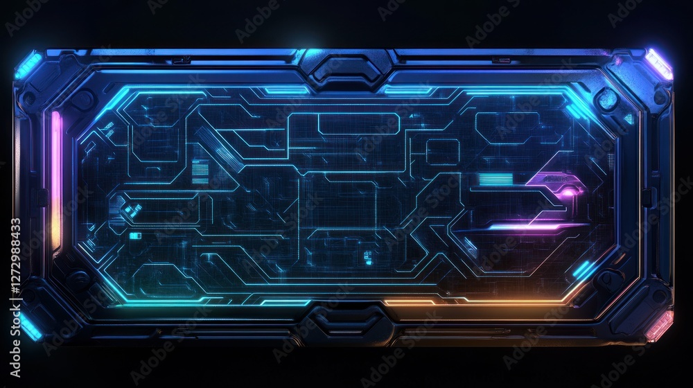 Poster futuristic digital interface with vibrant neon lights and intricate circuit patterns