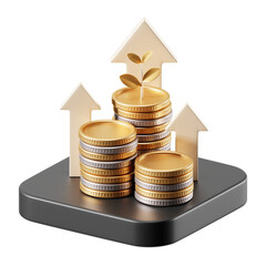 Transparent PNG 3D Financial Growth Money Investment and Wealth Profit Concept with Gold Coins Isolated on White Background.