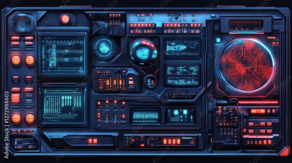 Poster futuristic control panel featuring glowing interfaces, data displays, and interactive elements in a 