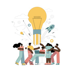 Brainstorming, sharing business ideas, collaborating. Little people thinking about an idea, a job, a plan.eps