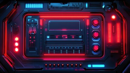 Futuristic control panel with glowing buttons and screens, set in a sci-fi environment