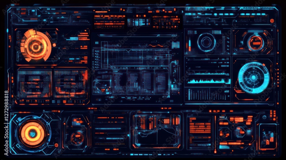 Poster futuristic digital dashboard displaying data analytics, charts, and vibrant visualizations