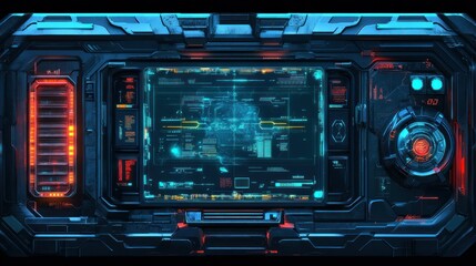 Obraz premium Futuristic control panel interface displaying data analysis in a high-tech environment