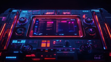 Obraz premium Futuristic control panel with vibrant neon lights and digital displays in a sci-fi setting