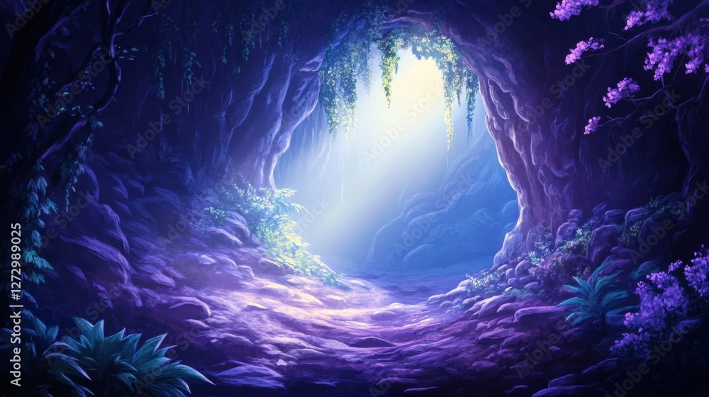 Poster a magical view of a hidden cave entrance bathed in soft light, creating a mystical atmosphere with s