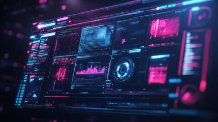 Fototapeta premium Futuristic digital interface displaying data analytics and visualizations in a tech environment (1)