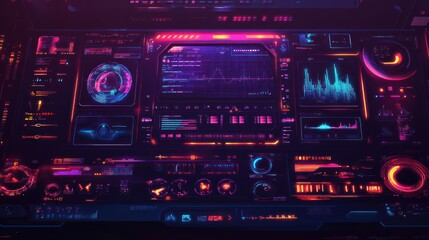 Obraz premium Futuristic control panel displaying data analytics and visualizations in a high-tech environment