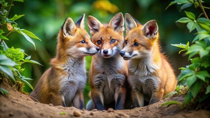Fototapeta premium Adorable red fox kits, a close-up view of their playful antics near their burrow.