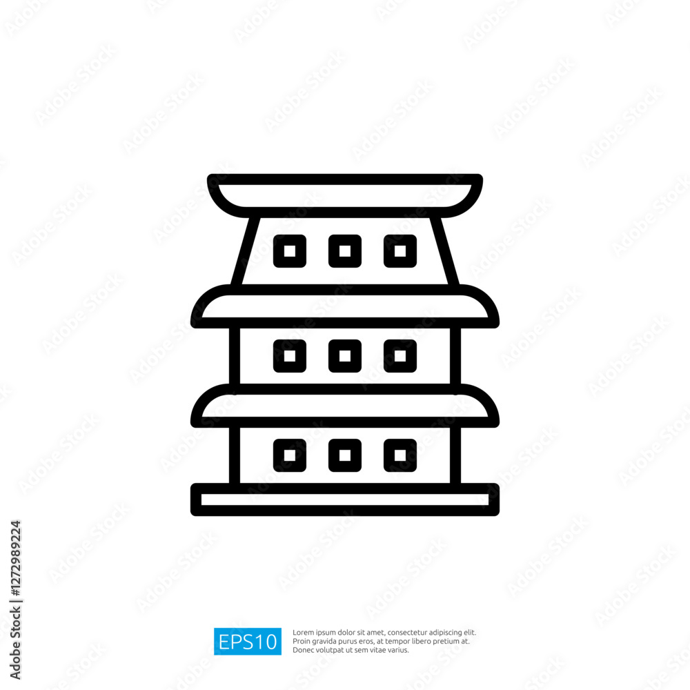 Poster outline icon of a traditional asian architecture building structure in minimalist design with clean 