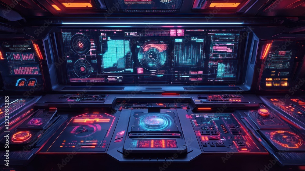 Poster futuristic control room with glowing interfaces and data displays, showcasing advanced technology