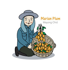 Happy farmer holding Marian Plum or Mayong Chid, hand drawn style vector illustration