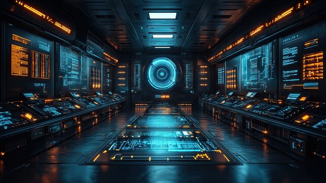 Futuristic quantum computer with glowing circuits and a high-tech cooling system in a sci-fi lab