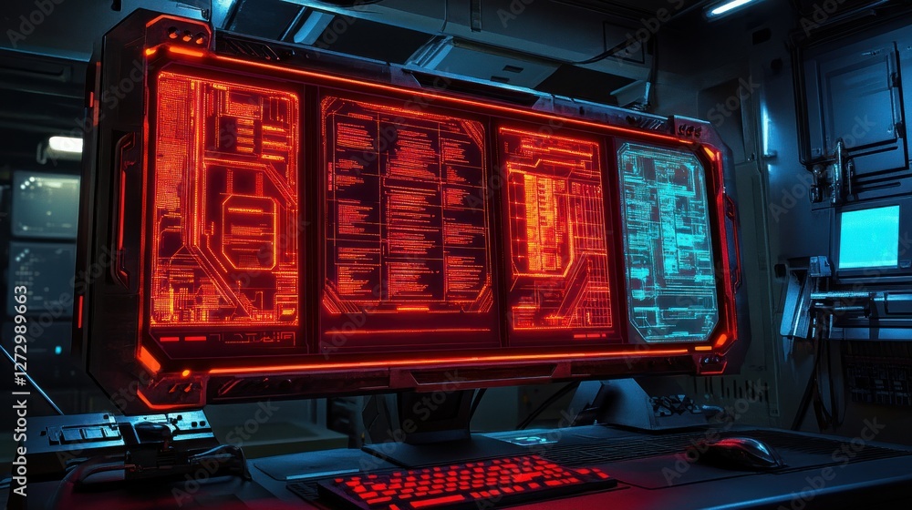 Poster futuristic control room with a glowing monitor displaying complex data in a high-tech environment