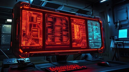 Obraz premium Futuristic control room with a glowing monitor displaying complex data in a high-tech environment
