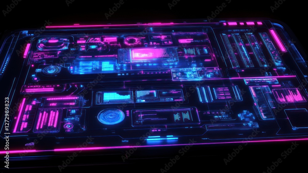 Poster futuristic digital interface with glowing elements showcasing advanced technology in a dark setting