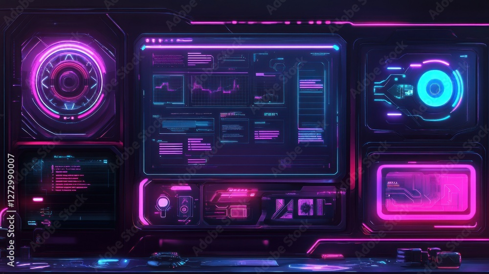 Poster futuristic control panel displaying data and graphs in a neon-lit cyberpunk environment