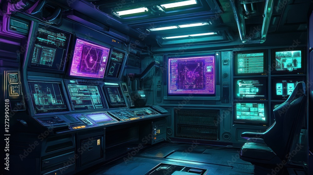 Poster futuristic control room with glowing screens, displaying data and holograms in a sci-fi setting