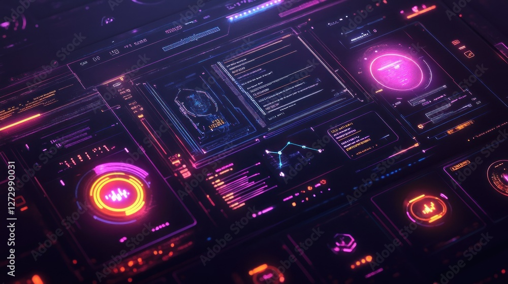 Poster futuristic digital interface showcasing data analytics and vibrant visual elements in a tech environ