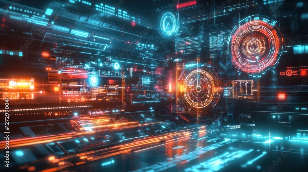 Poster futuristic digital interface with glowing elements and data streams in a high-tech environment