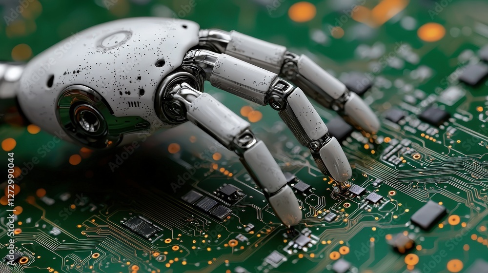 Poster a robotic hand on a circuit board showcasing advanced technology and mechanical design