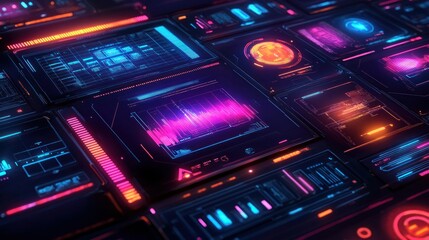 Fototapeta premium Futuristic digital interface panels displaying vibrant data visualizations and graphs