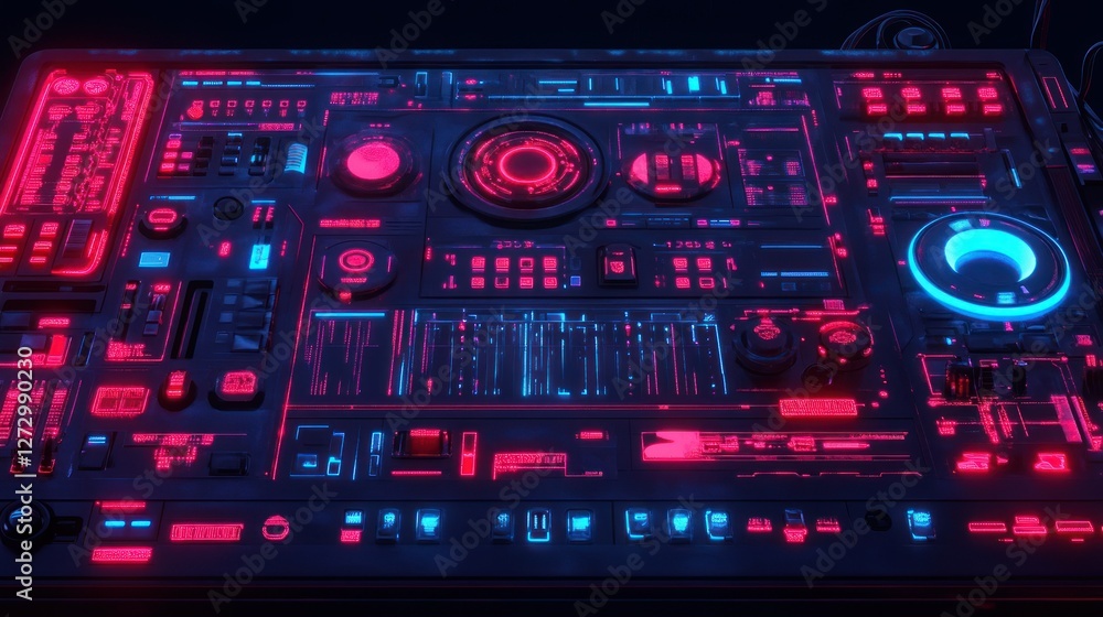 Aufkleber futuristic control panel with glowing buttons and screens, set in a high-tech environment