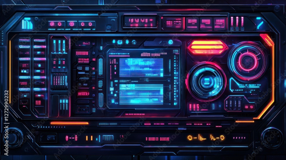 Poster futuristic control panel with glowing neon elements, displaying data in a high-tech environment